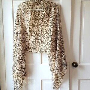LOOK BY M SILK COTTON ANIMAL PRINT ZEBRA SCARF WRAP FRINGE BROWN CREAM